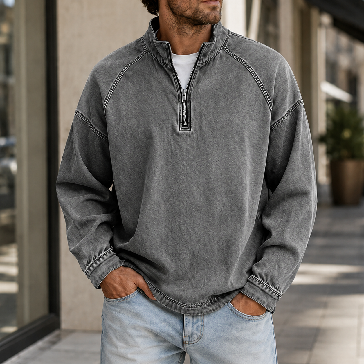 Mivanity Men's Vintage Washed Quarter Zip Pullover Casual Stand Collar Sweatshirt