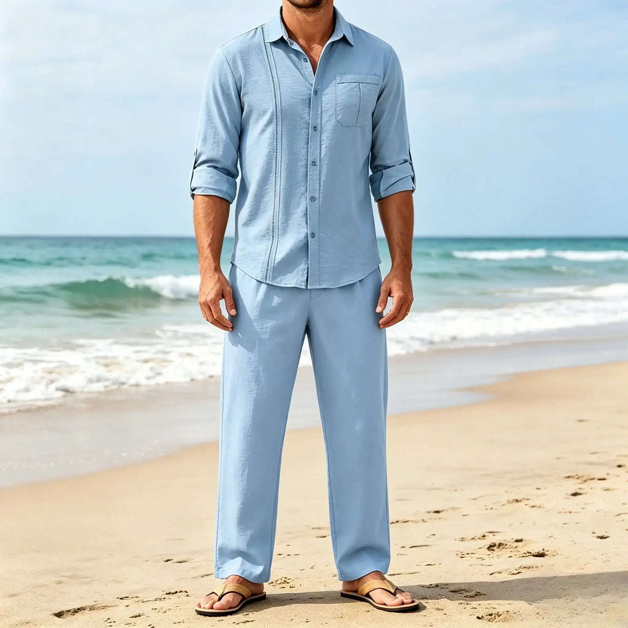 Mivanity 2 Piece Linen Style Long Sleeve Beach Vacation Outfits