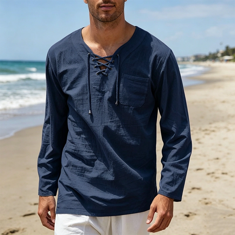 Mivanity Breathable Solid Drawstring Cotton Linen Shirts