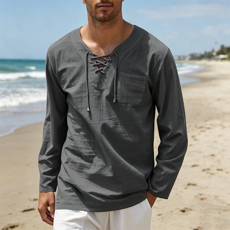 Mivanity Breathable Solid Drawstring Cotton Linen Shirts