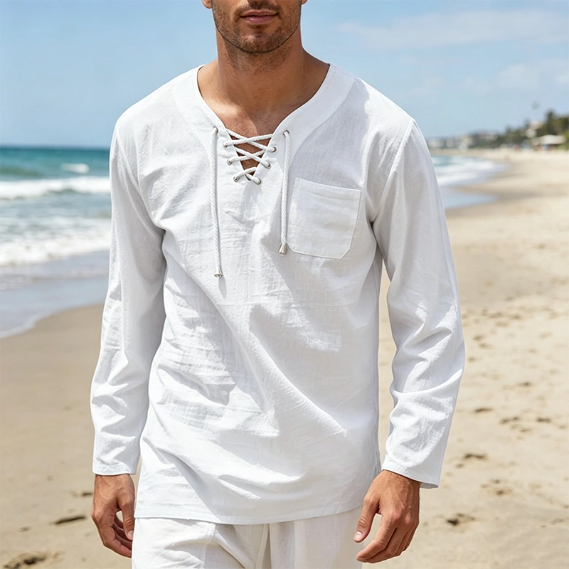Mivanity Breathable Solid Drawstring Cotton Linen Shirts