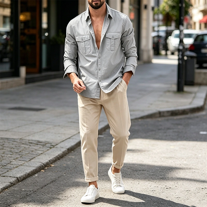 Mivanity Casual Double Pockets Solid Shirts