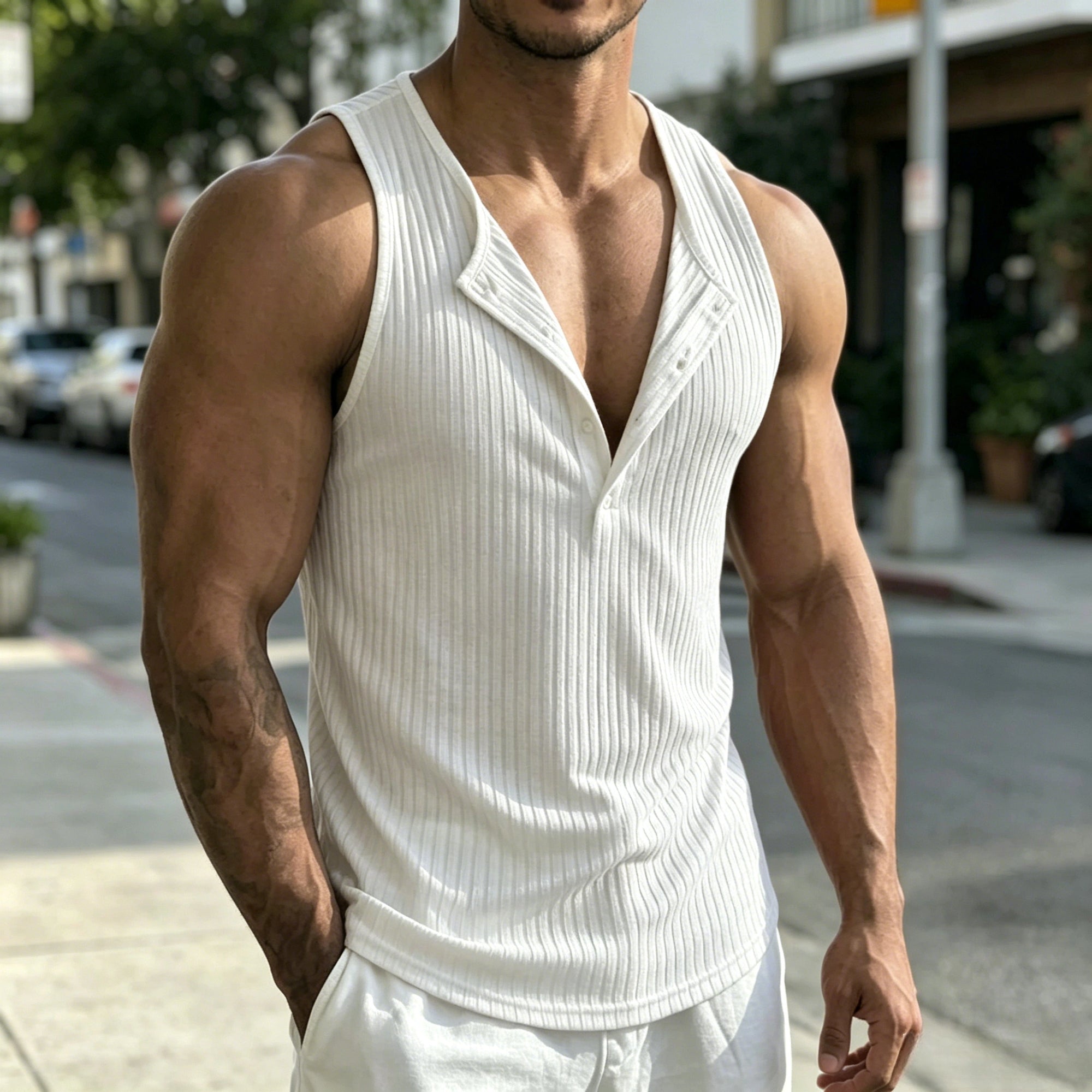 Mivanity Casual Sporty Vertical Ribbed Henley Tank Top