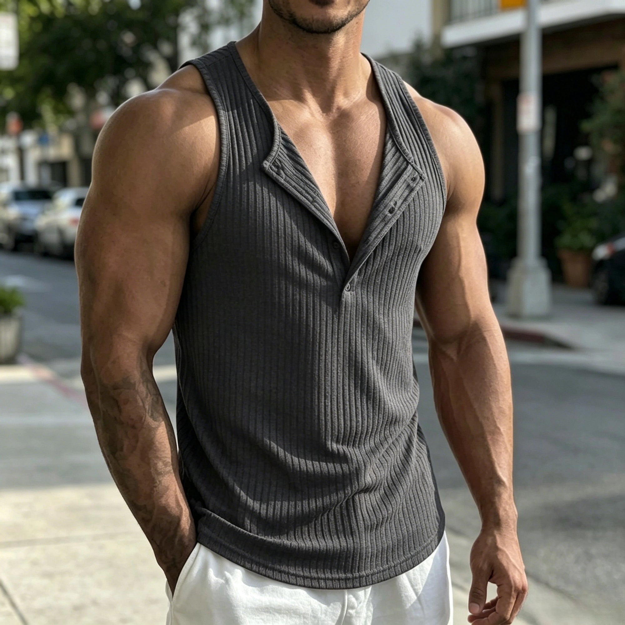 Mivanity Casual Sporty Vertical Ribbed Henley Tank Top