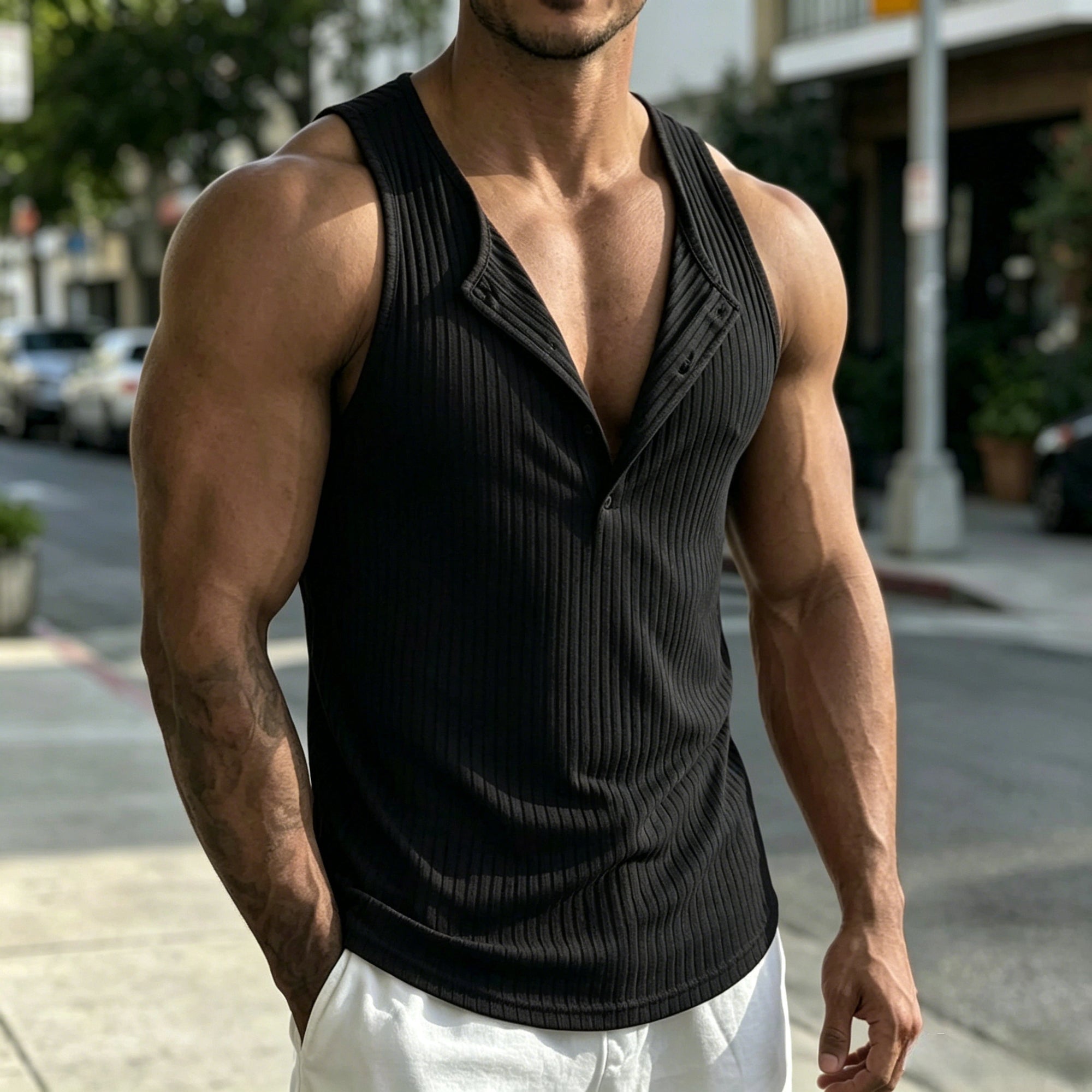 Mivanity Casual Sporty Vertical Ribbed Henley Tank Top