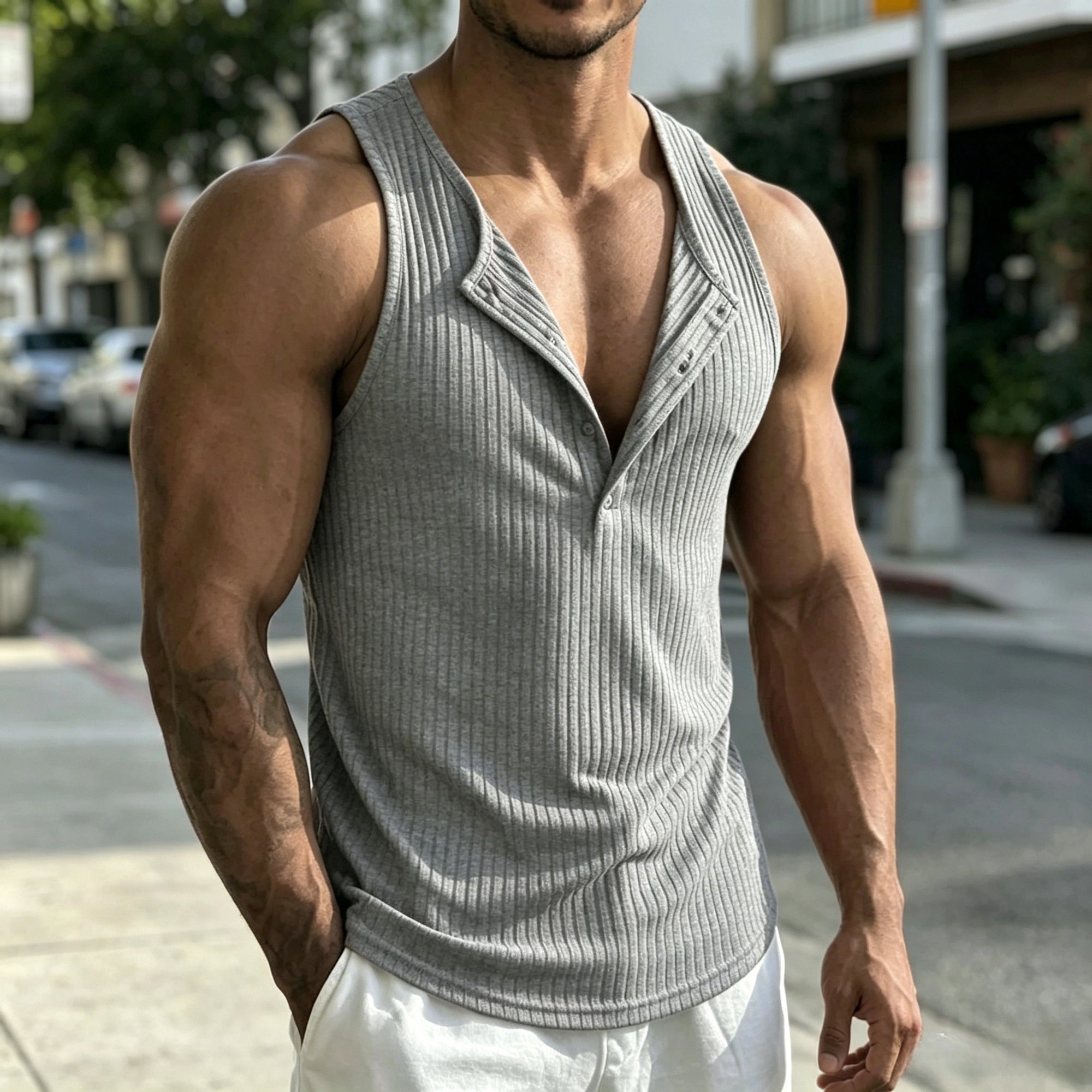 Mivanity Casual Sporty Vertical Ribbed Henley Tank Top