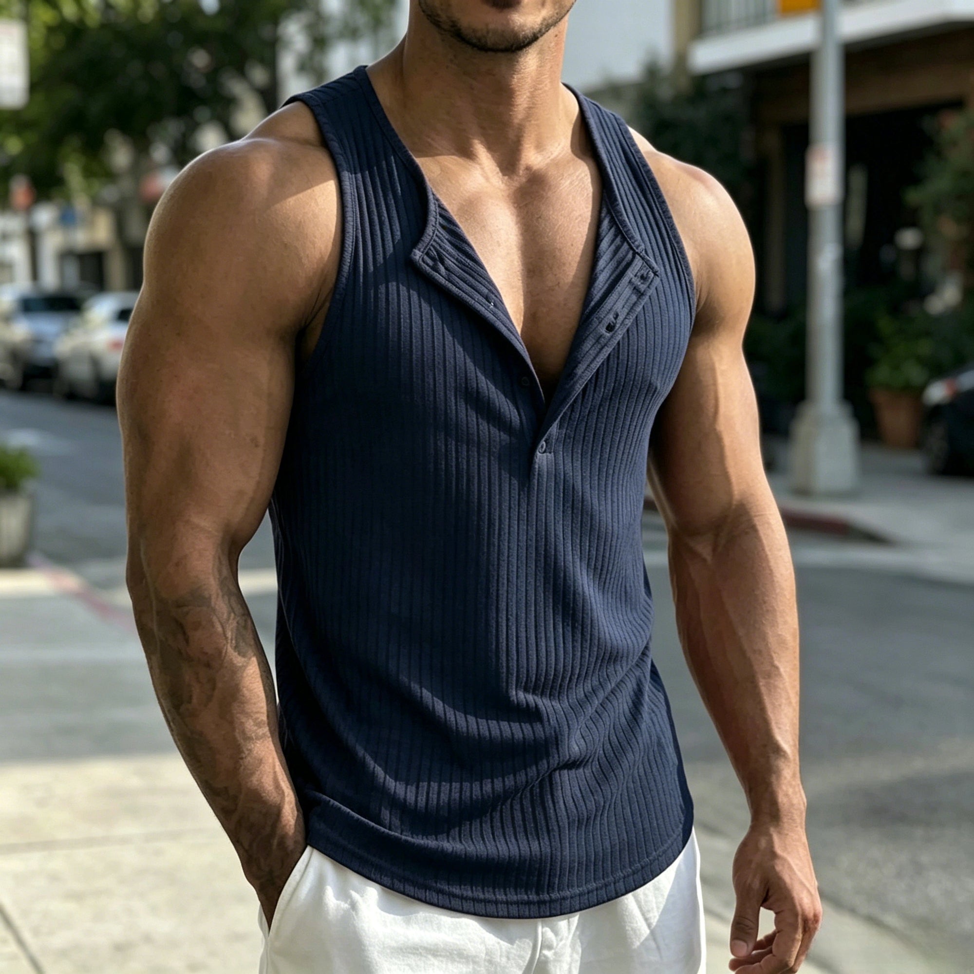 Mivanity Casual Sporty Vertical Ribbed Henley Tank Top