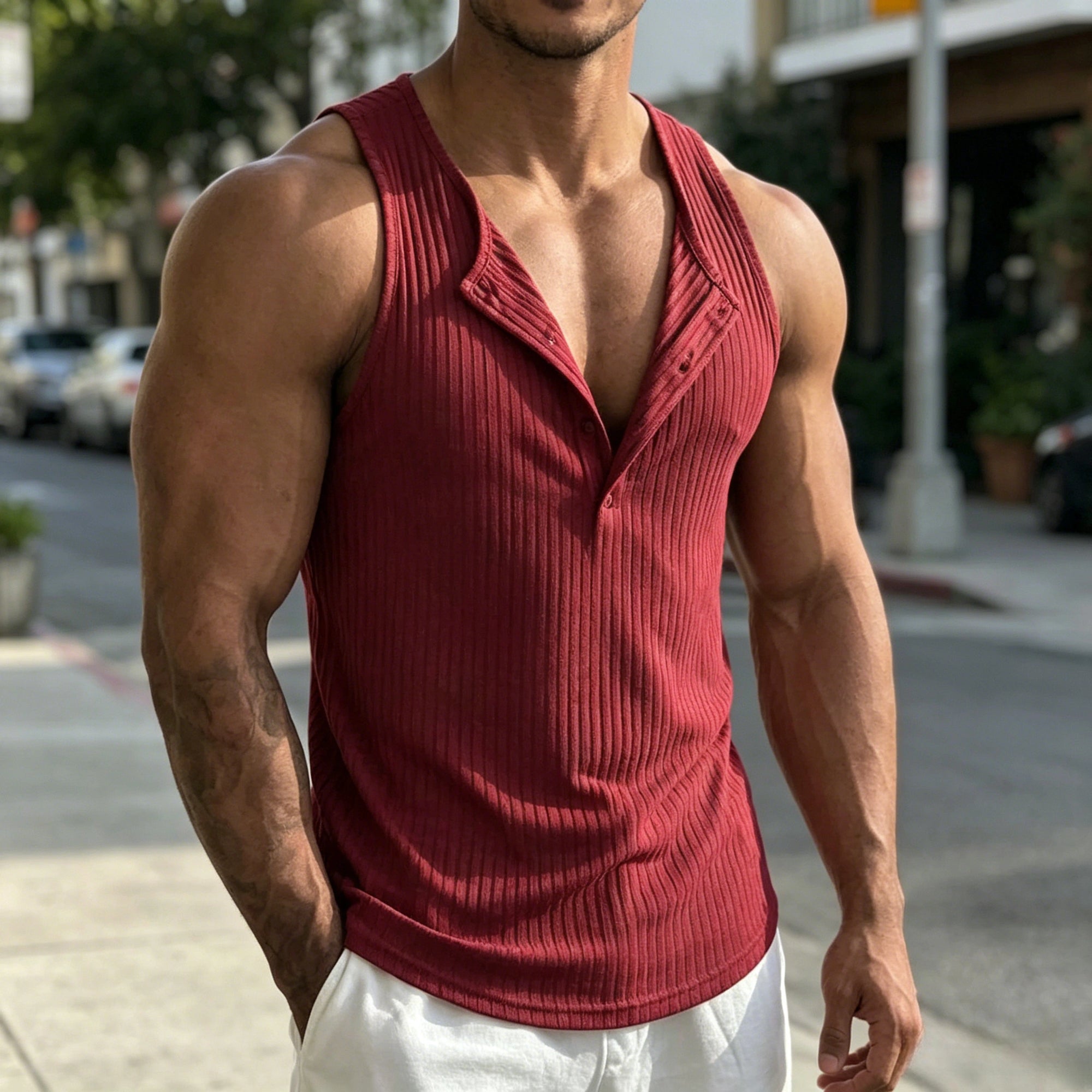 Mivanity Casual Sporty Vertical Ribbed Henley Tank Top