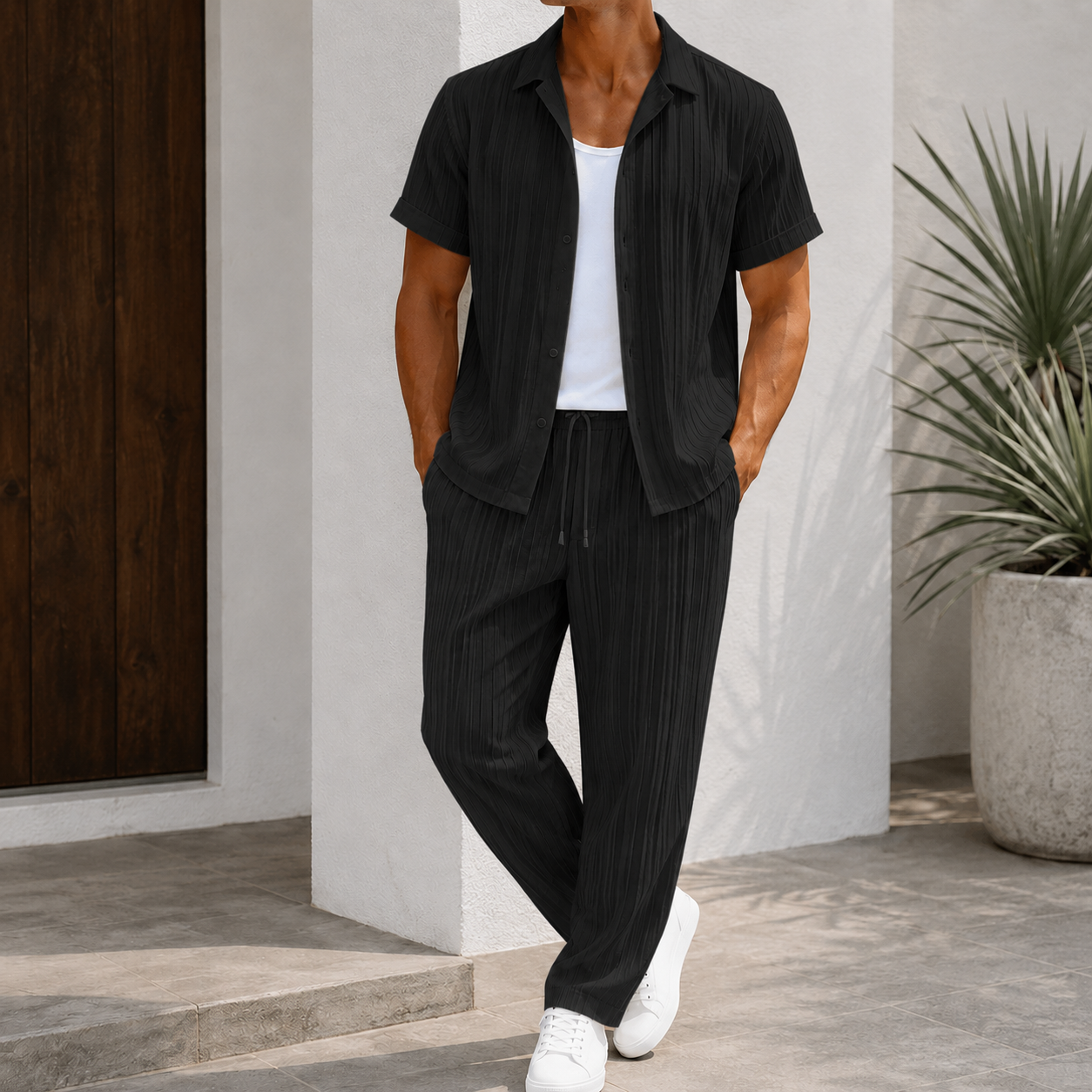 Mivanity Casual Striped Collared 2-Piece Sets