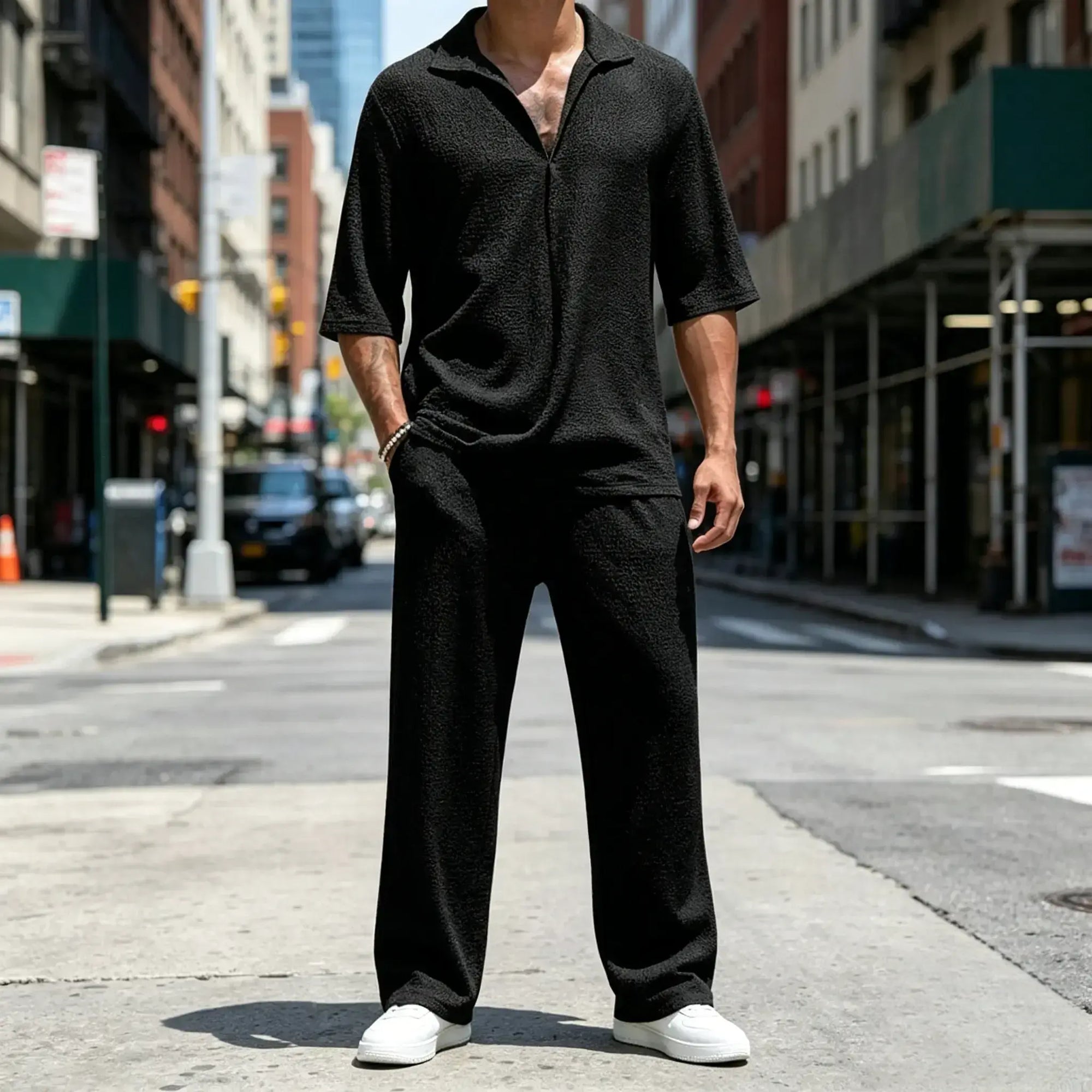 Mivanity Casual Water Ripple Textured Shirt Sets