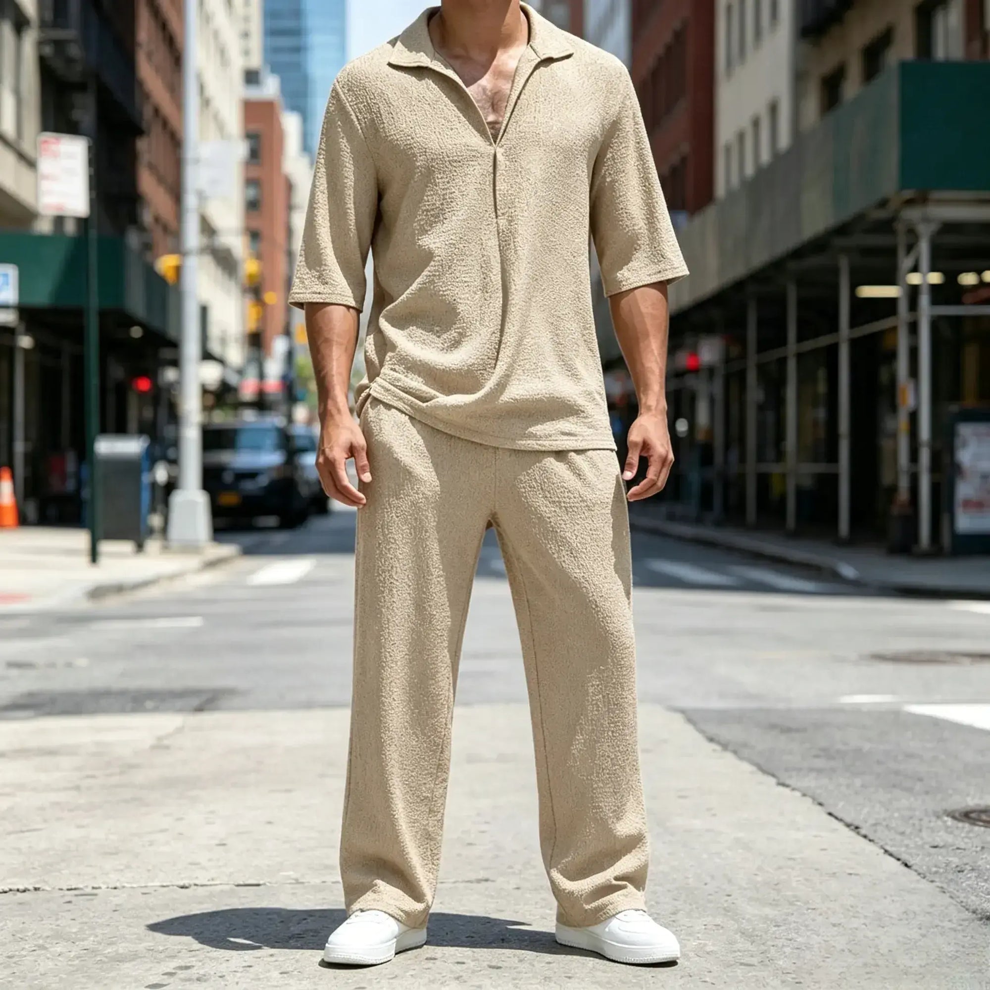 Mivanity Casual Water Ripple Textured Shirt Sets