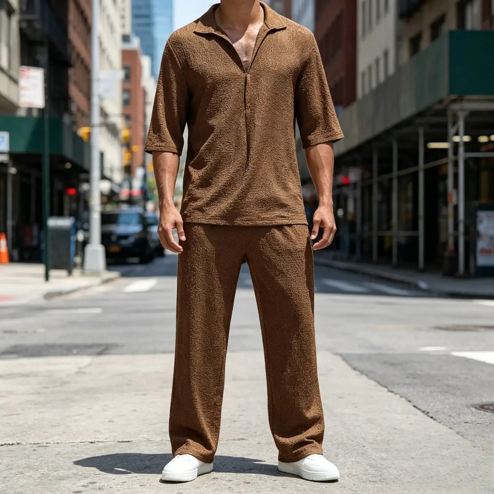 Mivanity Casual Water Ripple Textured Shirt Sets