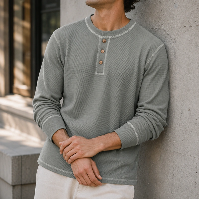 Mivanity Comfy Versatile Waffle Henley Shirt