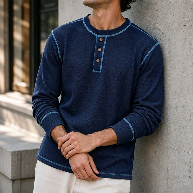 Mivanity Comfy Versatile Waffle Henley Shirt