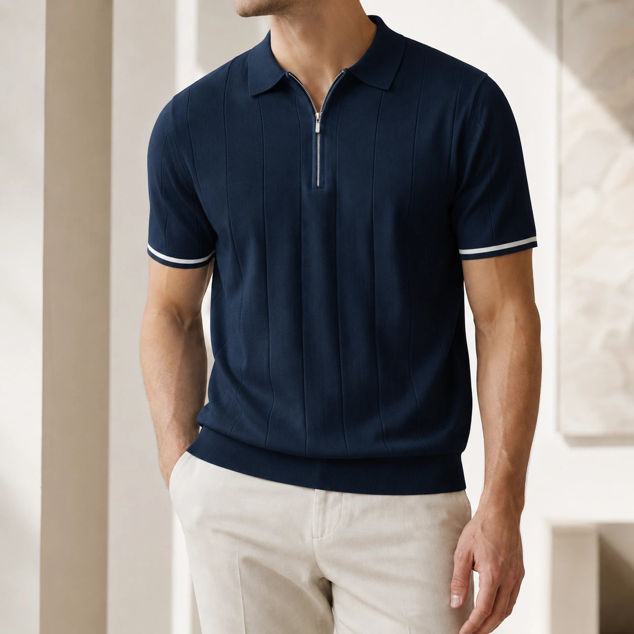 Mivanity Cool-Touch Cotton Knit Vertical Stripe Short Polo Shirts