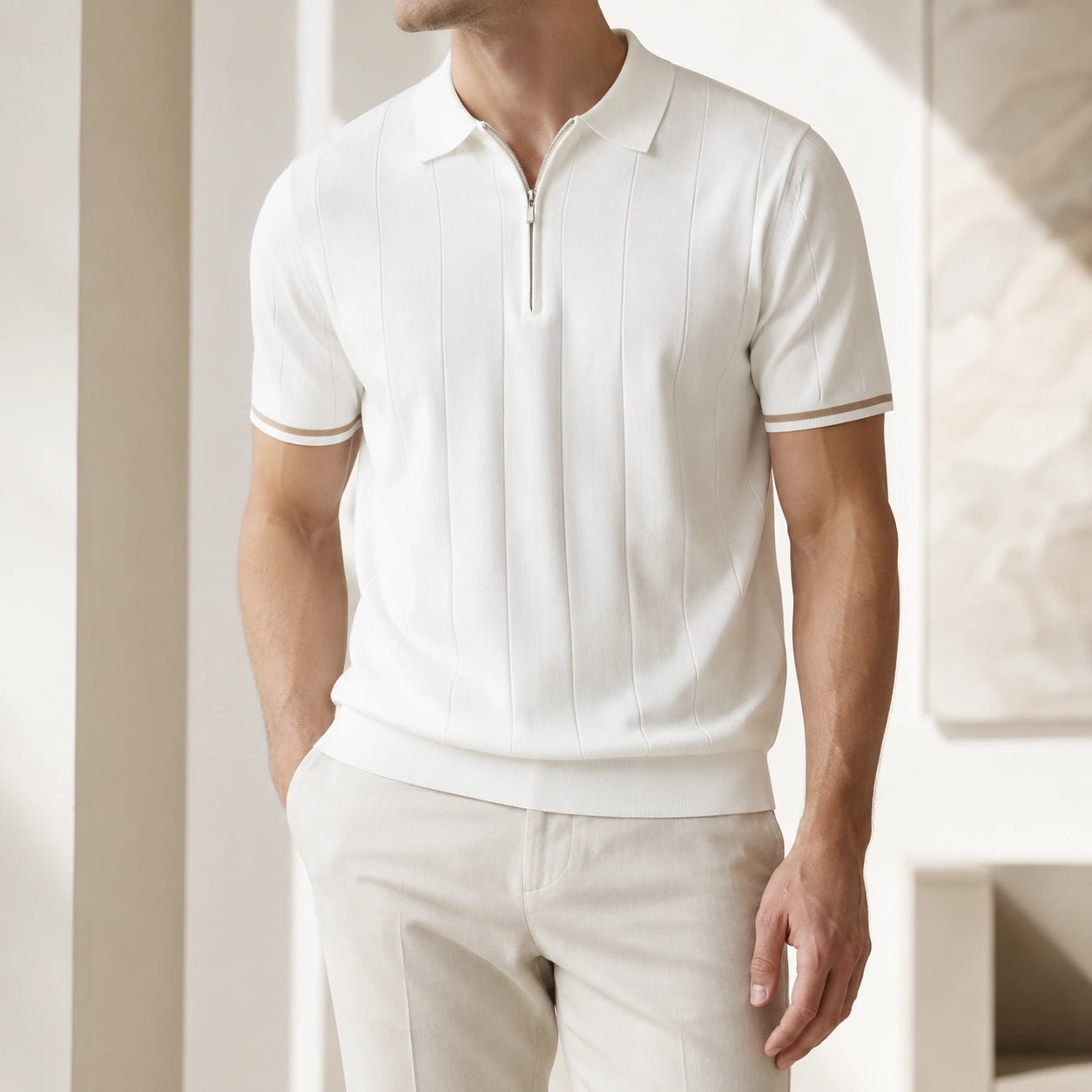 Mivanity Cool-Touch Cotton Knit Vertical Stripe Short Polo Shirts