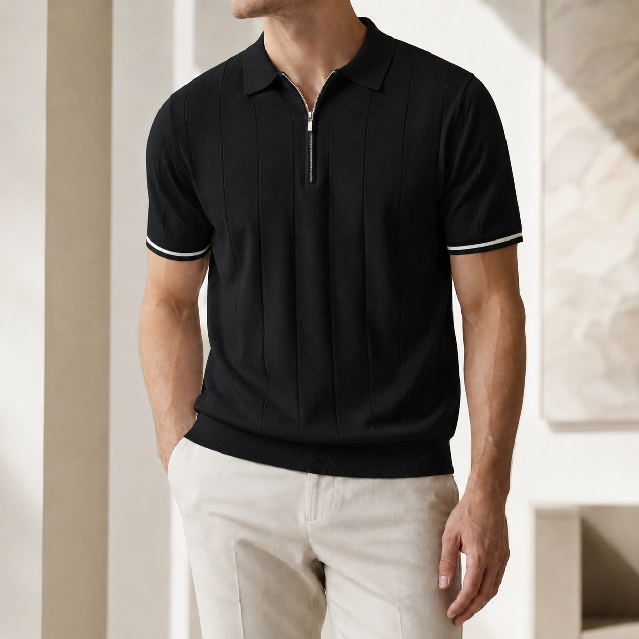 Mivanity Cool-Touch Cotton Knit Vertical Stripe Short Polo Shirts