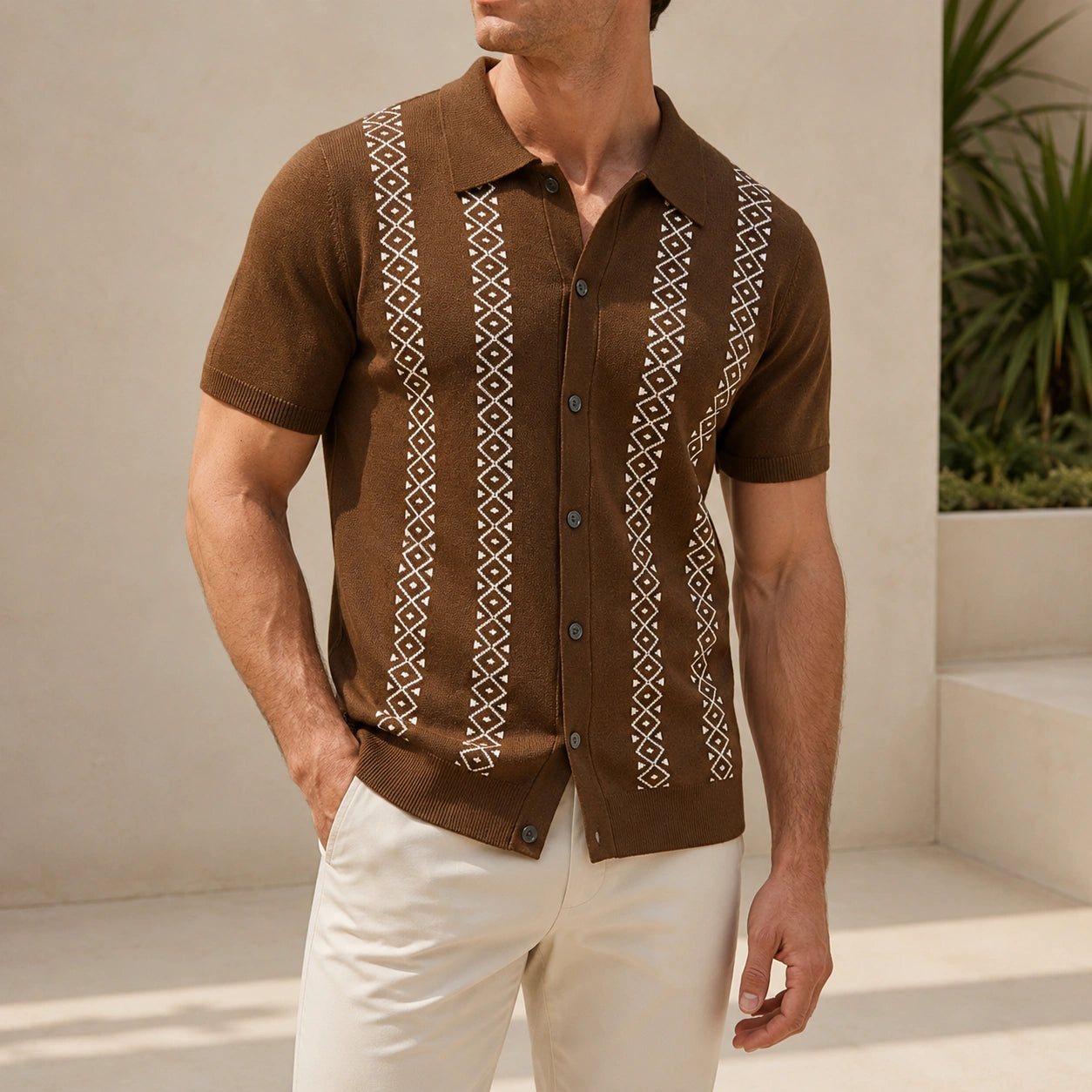 Mivanity Geometric Stripe Jacquard Short-Sleeve Knit Polo Shirts