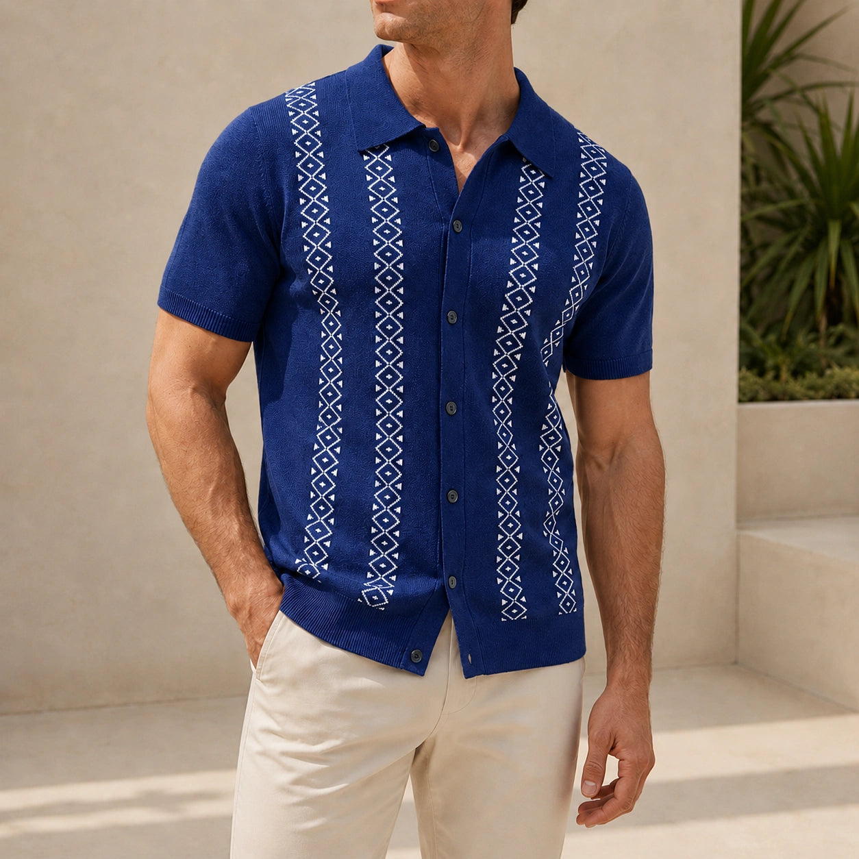 Mivanity Geometric Stripe Jacquard Short-Sleeve Knit Polo Shirts