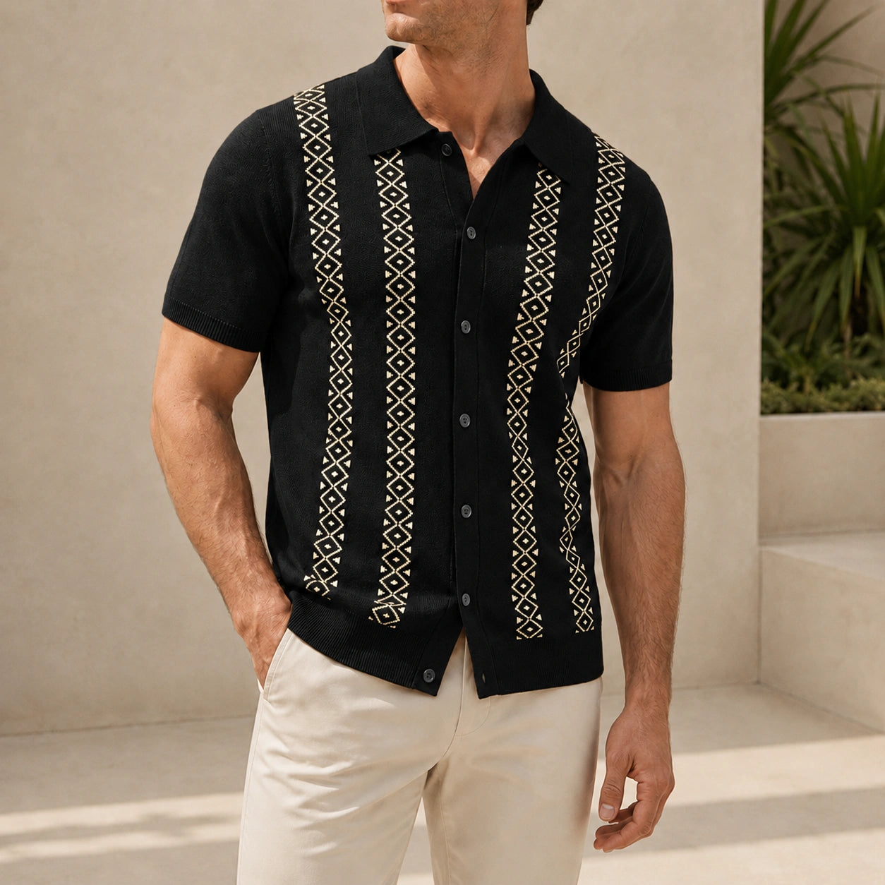 Mivanity Geometric Stripe Jacquard Short-Sleeve Knit Polo Shirts