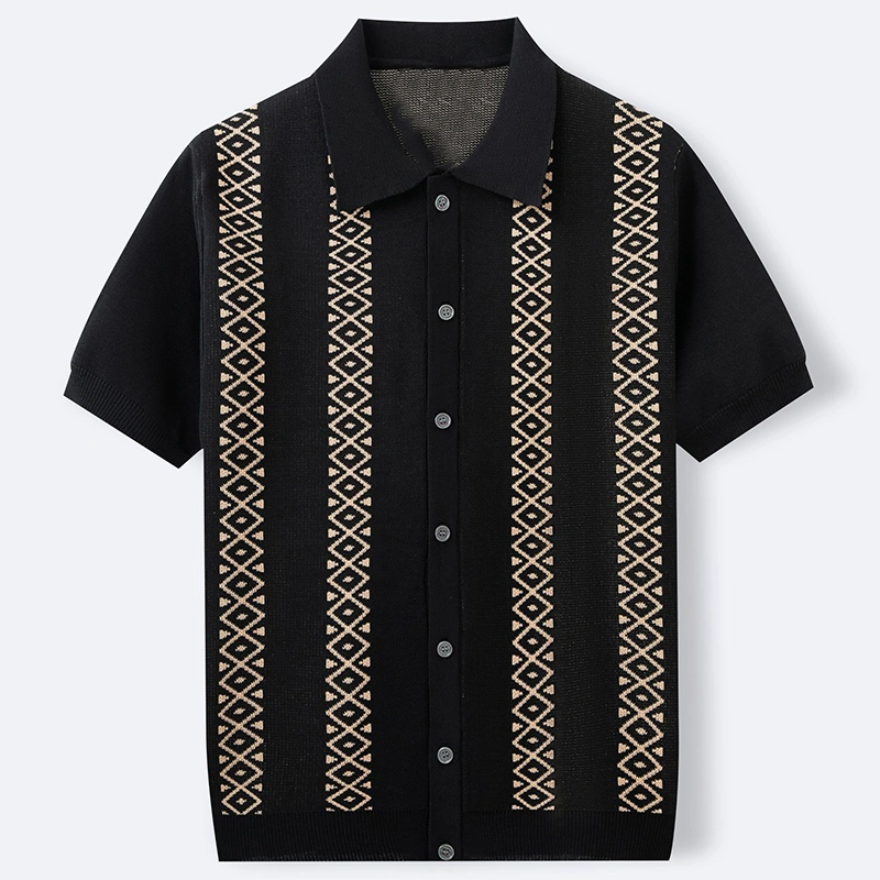 Mivanity Geometric Stripe Jacquard Short-Sleeve Knit Polo Shirts