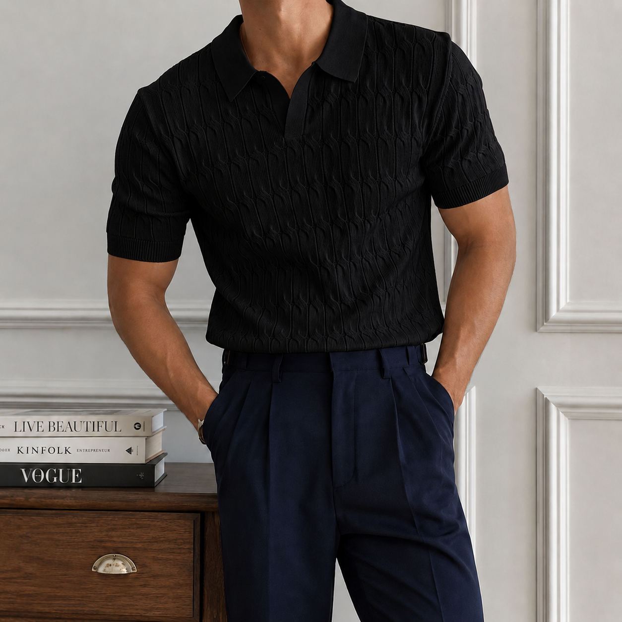 Mivanity Knit Polo Shirt Short Sleeve Textured Cable