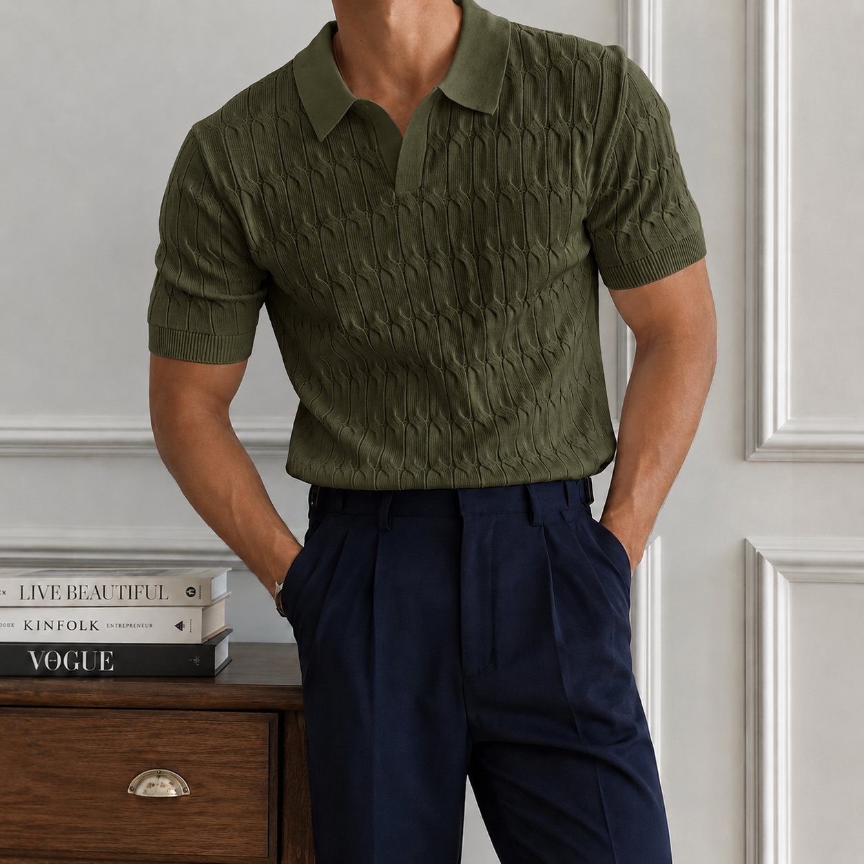 Mivanity Knit Polo Shirt Short Sleeve Textured Cable