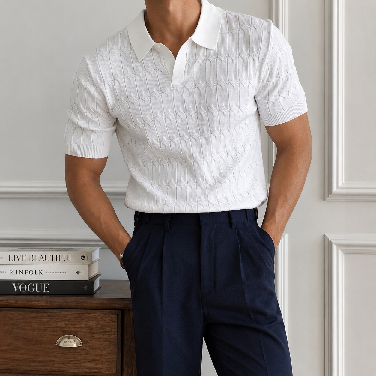 Mivanity Knit Polo Shirt Short Sleeve Textured Cable