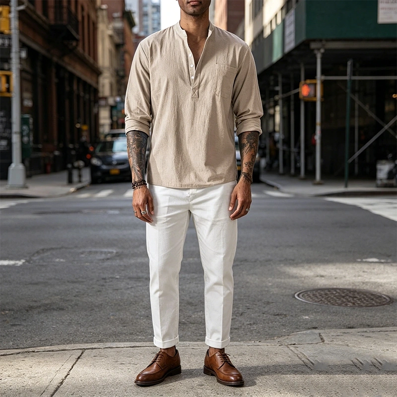 Mivanity Linen V-neck Beach Long-sleeved Shirts