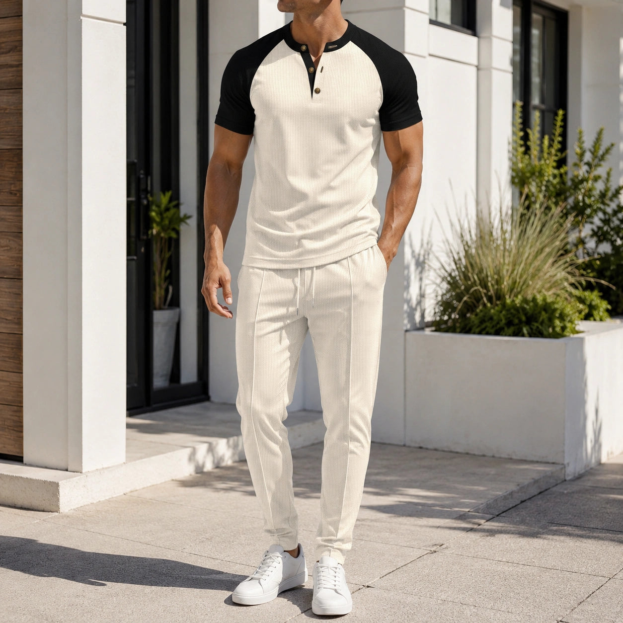 Mivanity Men's 2-Piece Henley Tee Drawstring Pants Sets