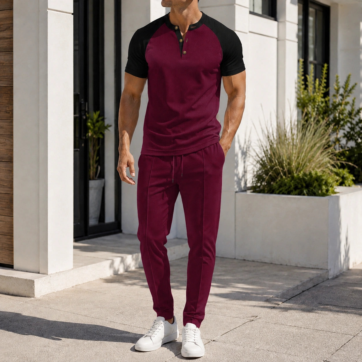 Mivanity Men's 2-Piece Henley Tee Drawstring Pants Sets