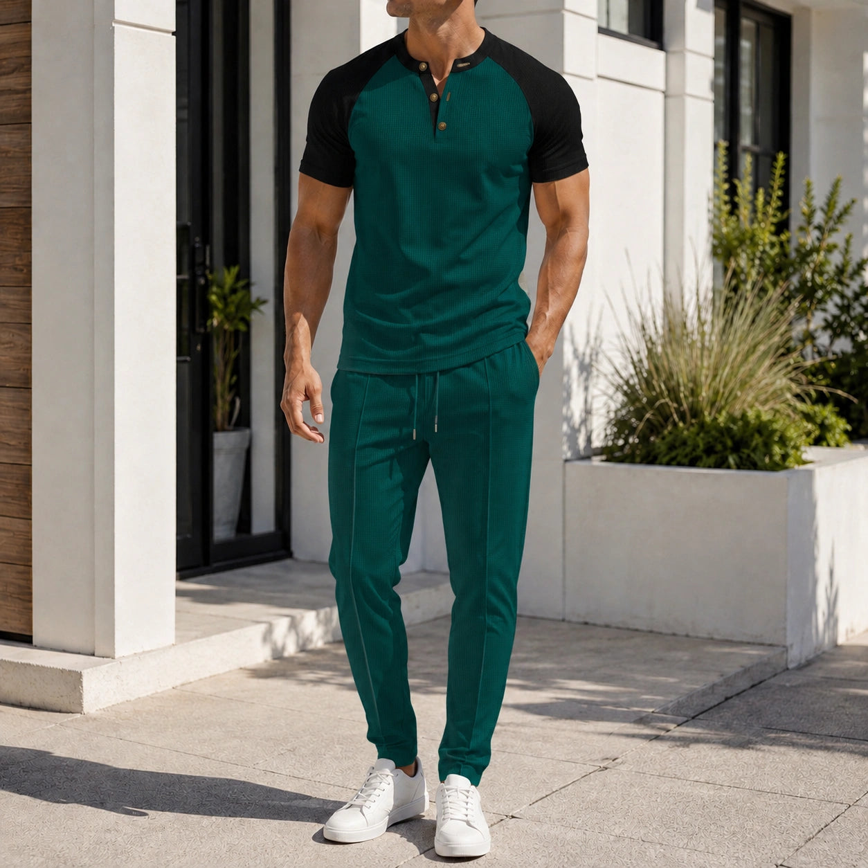 Mivanity Men's 2-Piece Henley Tee Drawstring Pants Sets