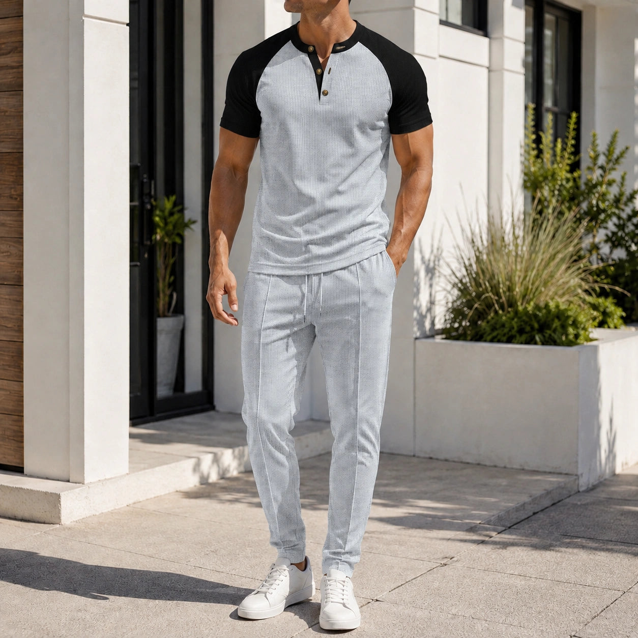 Mivanity Men's 2-Piece Henley Tee Drawstring Pants Sets