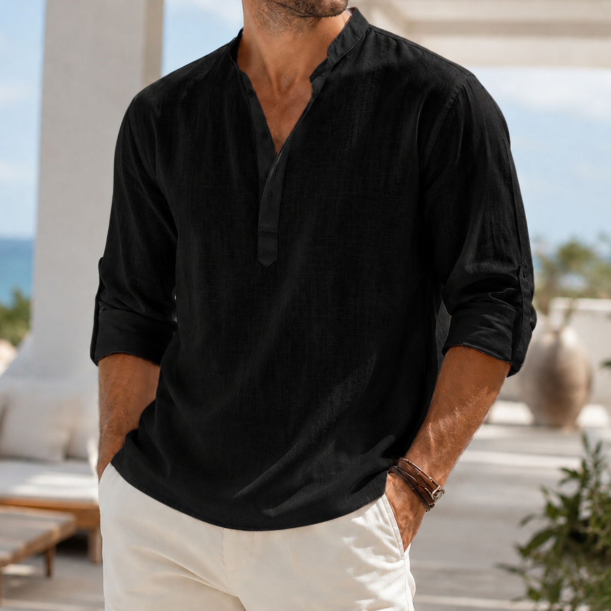 Mivanity Men's Breathable Linen Look Henley Shirt