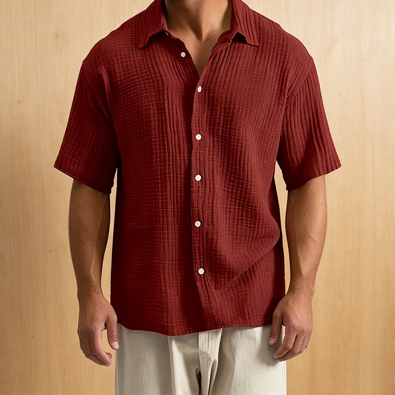 Mivanity Men's Casual Cotton Breathable Pleated Pocket Short Sleeve Lapel Shirt