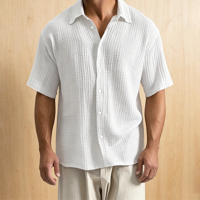 Mivanity Men's Casual Cotton Breathable Pleated Pocket Short Sleeve Lapel Shirt