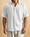 Mivanity Men's Casual Cotton Breathable Pleated Pocket Short Sleeve Lapel Shirt