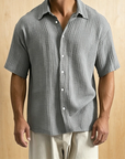 Mivanity Men's Casual Cotton Breathable Pleated Pocket Short Sleeve Lapel Shirt