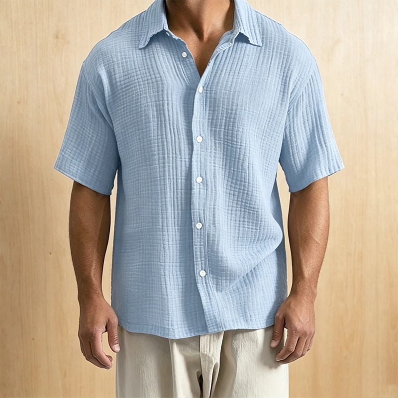 Mivanity Men's Casual Cotton Breathable Pleated Pocket Short Sleeve Lapel Shirt