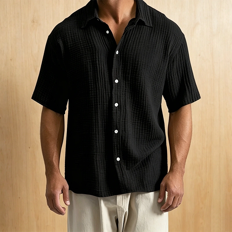 Mivanity Men's Casual Cotton Breathable Pleated Pocket Short Sleeve Lapel Shirt