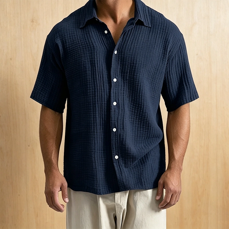 Mivanity Men's Casual Cotton Breathable Pleated Pocket Short Sleeve Lapel Shirt