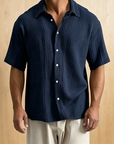 Mivanity Men's Casual Cotton Breathable Pleated Pocket Short Sleeve Lapel Shirt