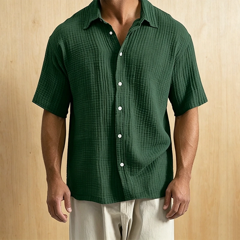 Mivanity Men's Casual Cotton Breathable Pleated Pocket Short Sleeve Lapel Shirt