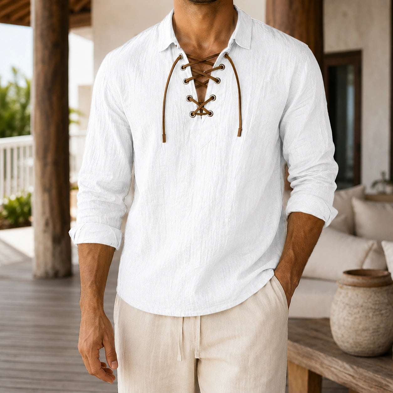 Mivanity Men's Casual Drawstring Linen Shirts