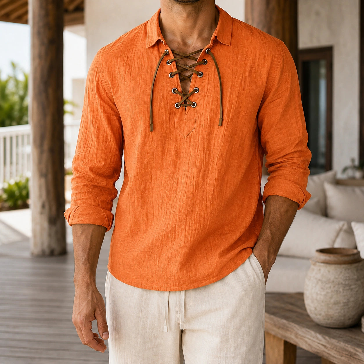 Mivanity Men's Casual Drawstring Linen Shirts