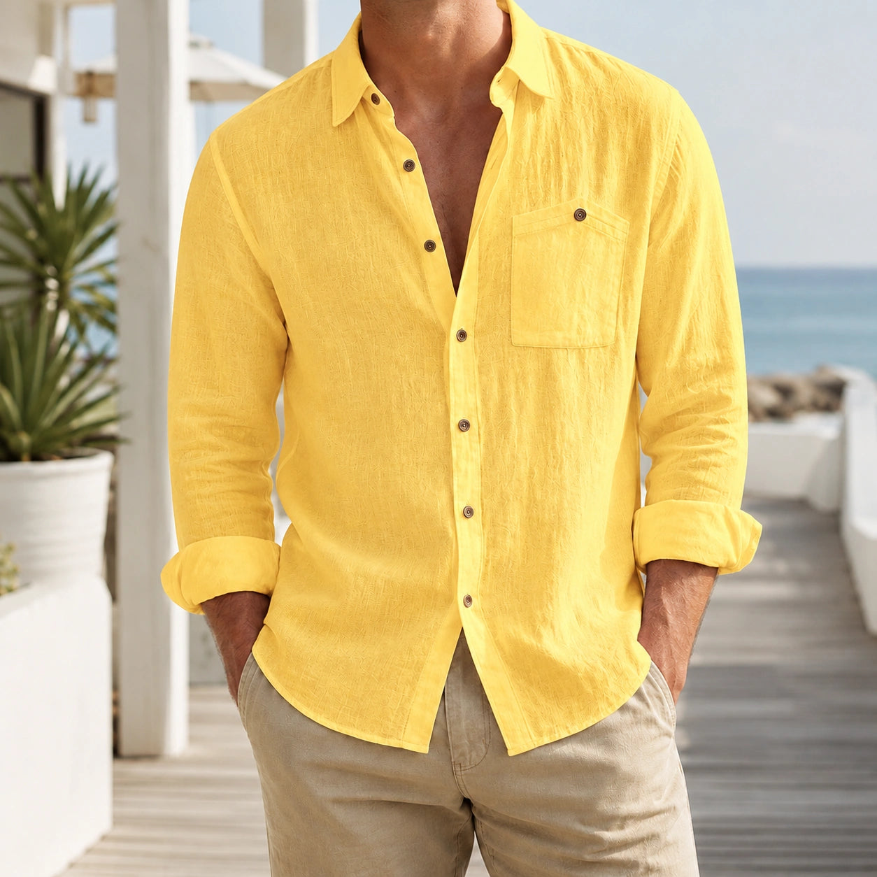 Mivanity Men's Casual Lapel Collar Linen Long-Sleeve Shirts