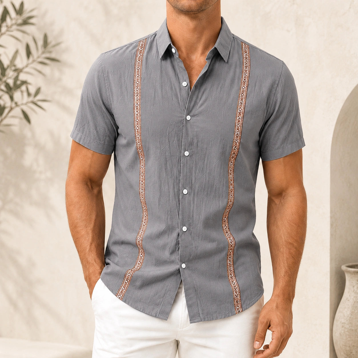 Mivanity Men's Casual Linen Bohemian Ribbon Short-Sleeve Shirts