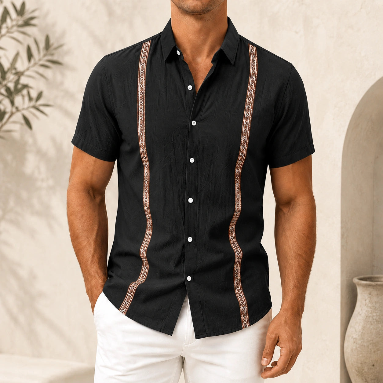 Mivanity Men's Casual Linen Bohemian Ribbon Short-Sleeve Shirts