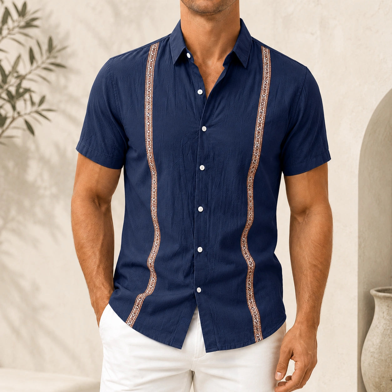 Mivanity Men's Casual Linen Bohemian Ribbon Short-Sleeve Shirts