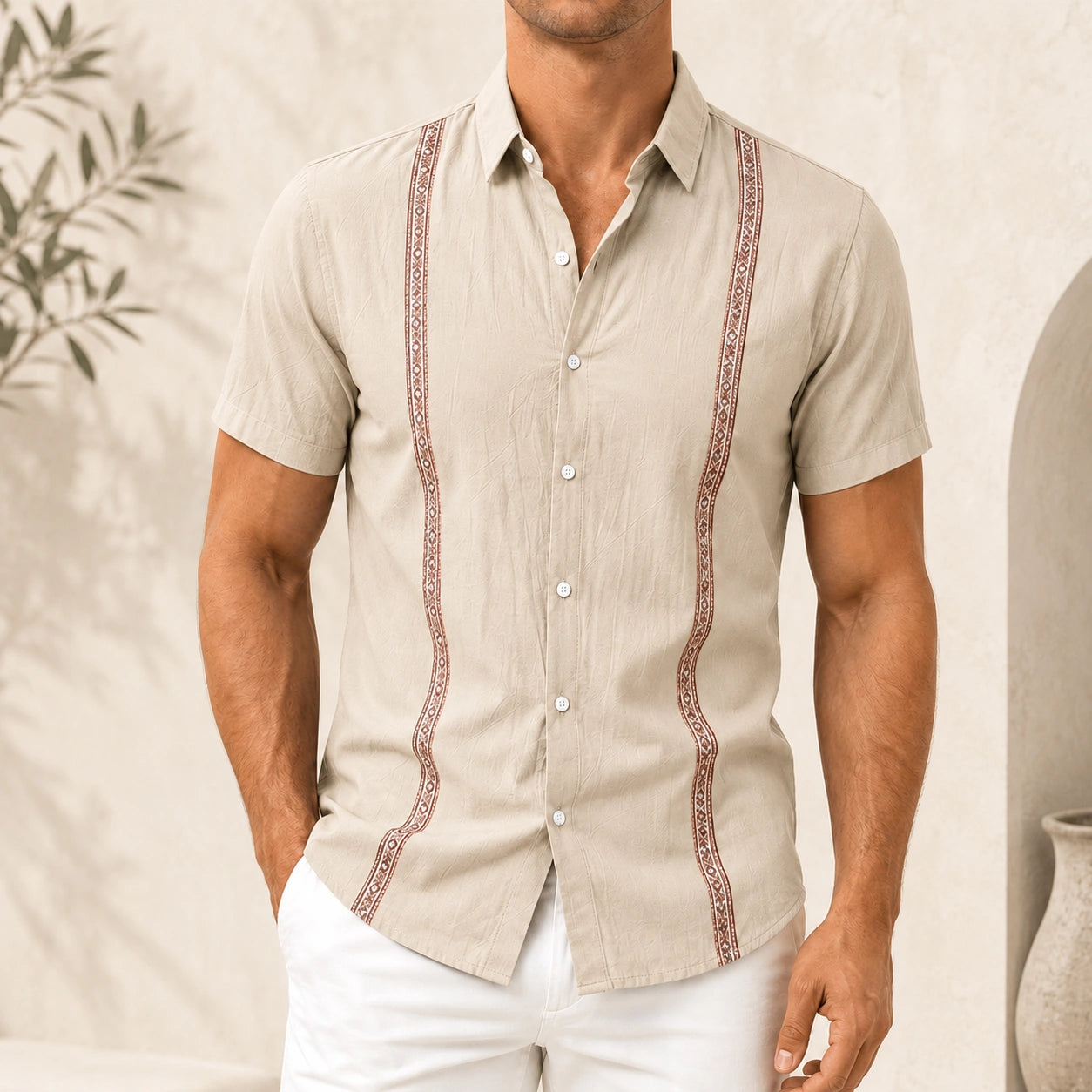 Mivanity Men's Casual Linen Bohemian Ribbon Short-Sleeve Shirts